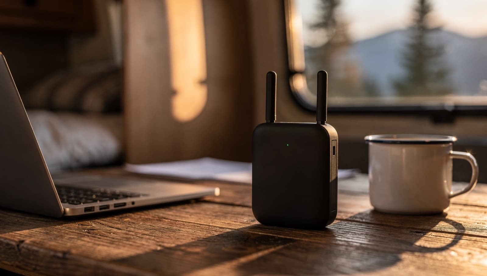 Mobile 5G router on a table in a camper van