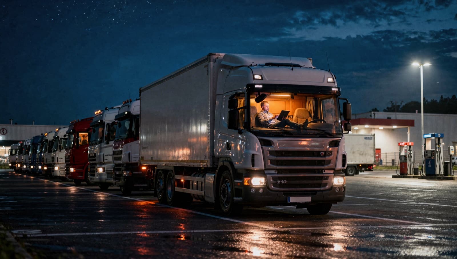 Truck cab lit up at night at a European rest stop